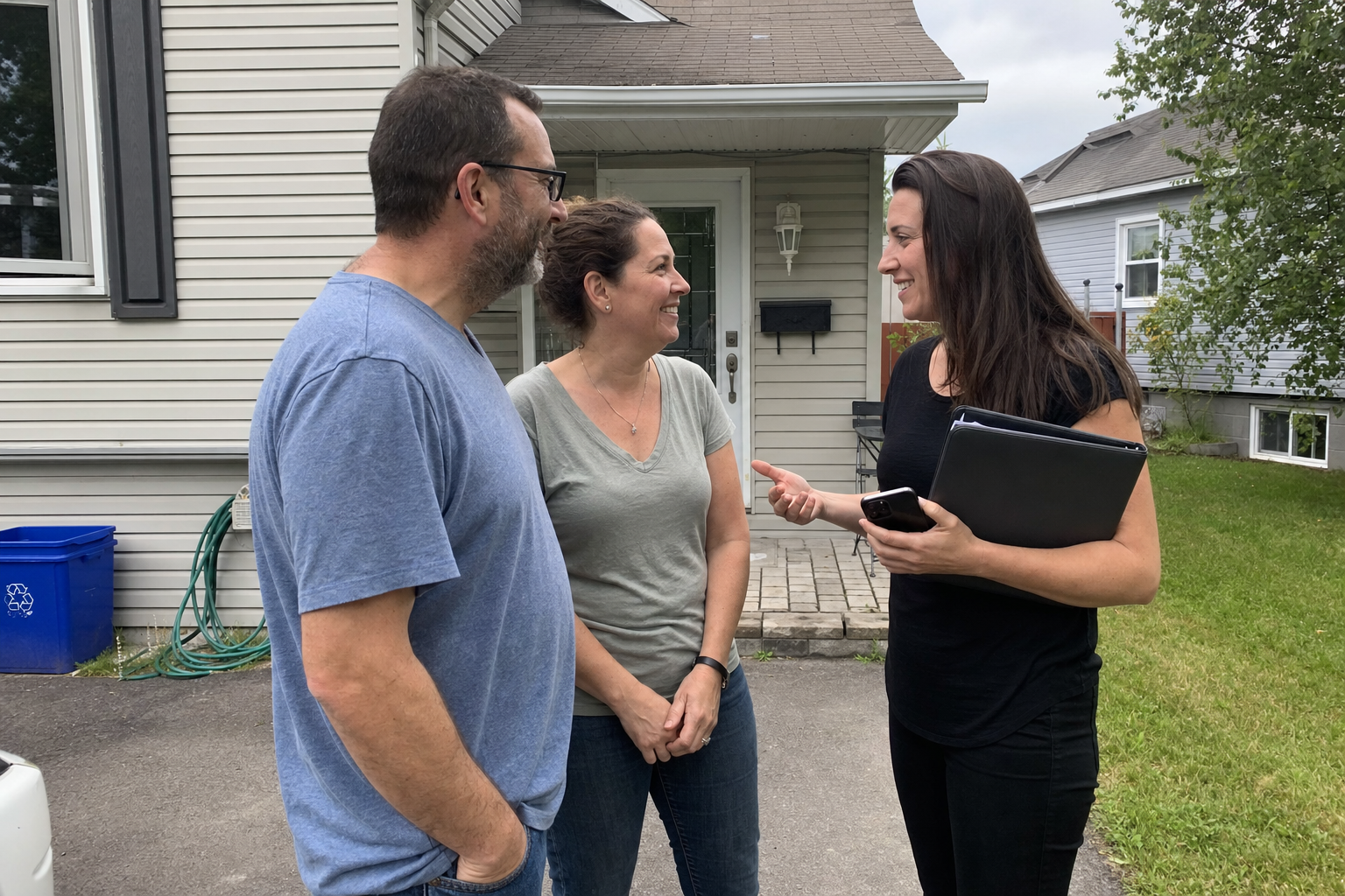 Couple discutant avec notre représentante devant leur maison