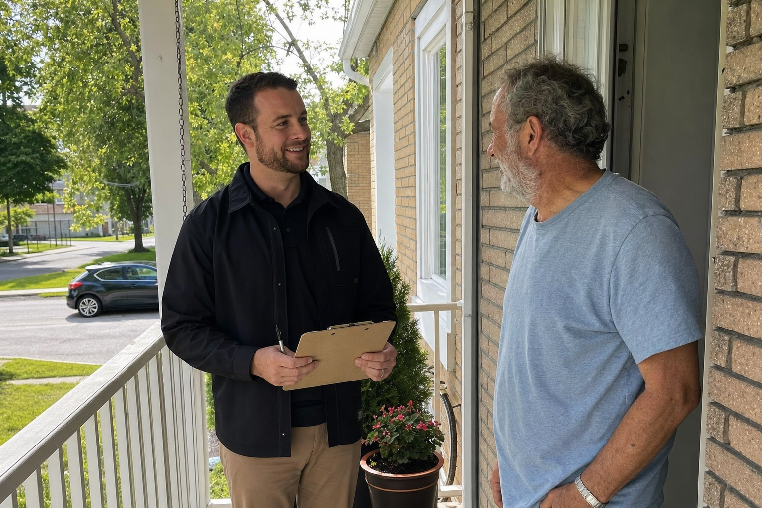 Notre représentant qui discute avec un propriétaire sur son balcon